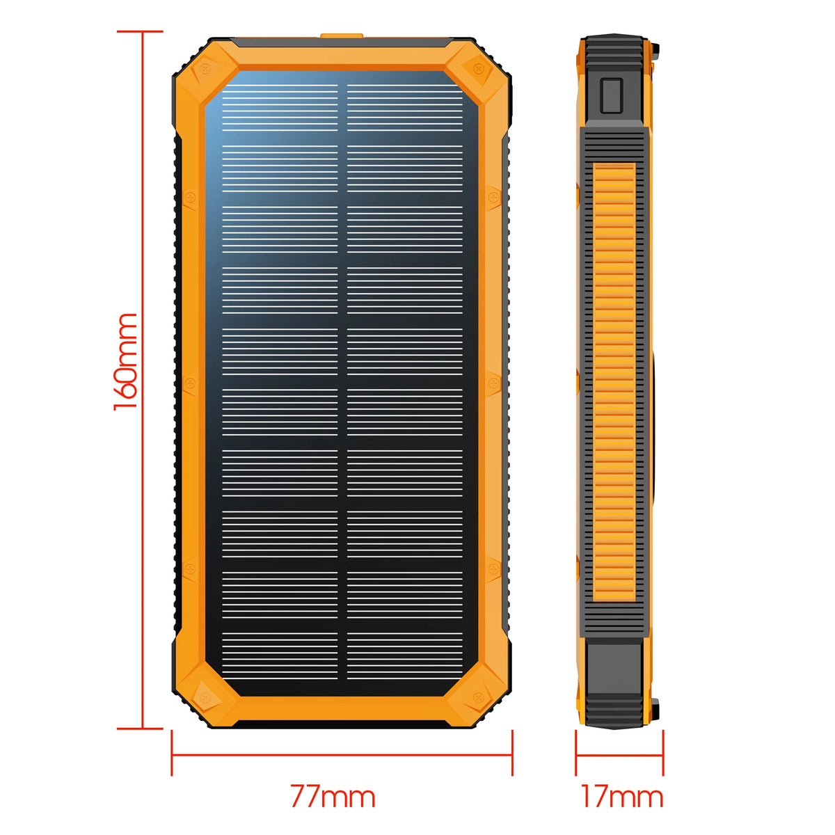 A vertical view of an orange and black portable solar power bank charger with a rectangular solar panel.
