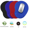 A set of ergonomic mouse pads in black, purple, red, and blue showing different colors and a silver mouse.