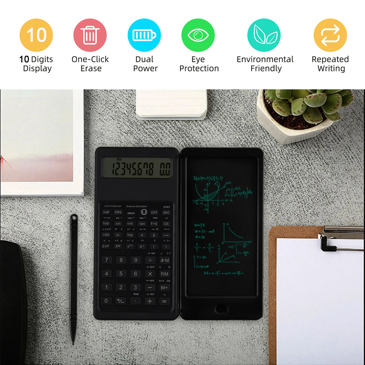 Calculatrice scientifique pliable 2-en-1 et tablette d'écriture noire sur une surface grise