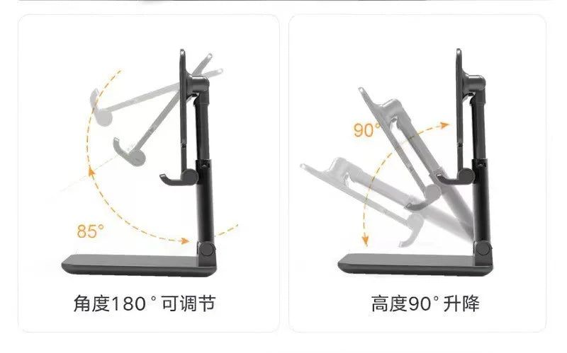 Foldable desktop phone stand showing adjustable angles for mounting a phone or device.