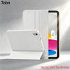 A white trifold smart cover for an iPad is shown, displaying the device and a stylus.