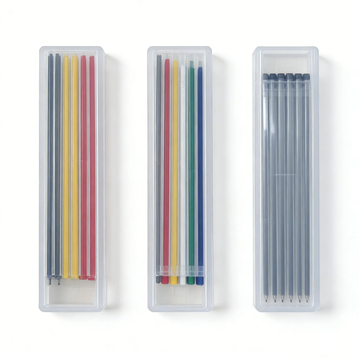Three clear plastic containers hold various colored refillable woodworking marker pencils.