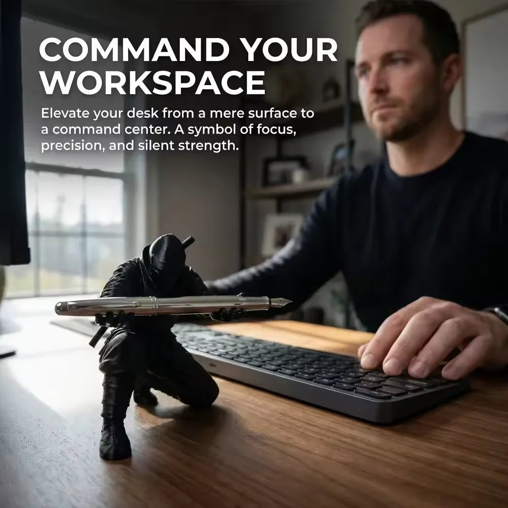A man is working at a desk with a matte black ninja figurine pen holder on the wooden surface.