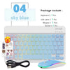 A white portable keyboard and mouse set with a sky blue theme, including a USB cable and sticker.