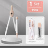 A pink precision set of transparent measuring tools including a caliper and lead refills in a storage box.