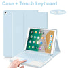 A Sky Blue case and touch keyboard for an iPad, shown open with a hand interacting with the device.