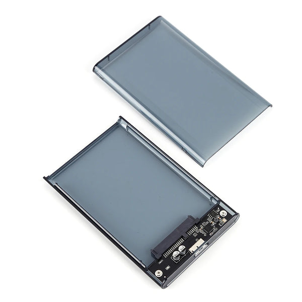Boîtier externe argenté pour SSD ou HDD SATA de 2,5 pouces, vue de dessus.