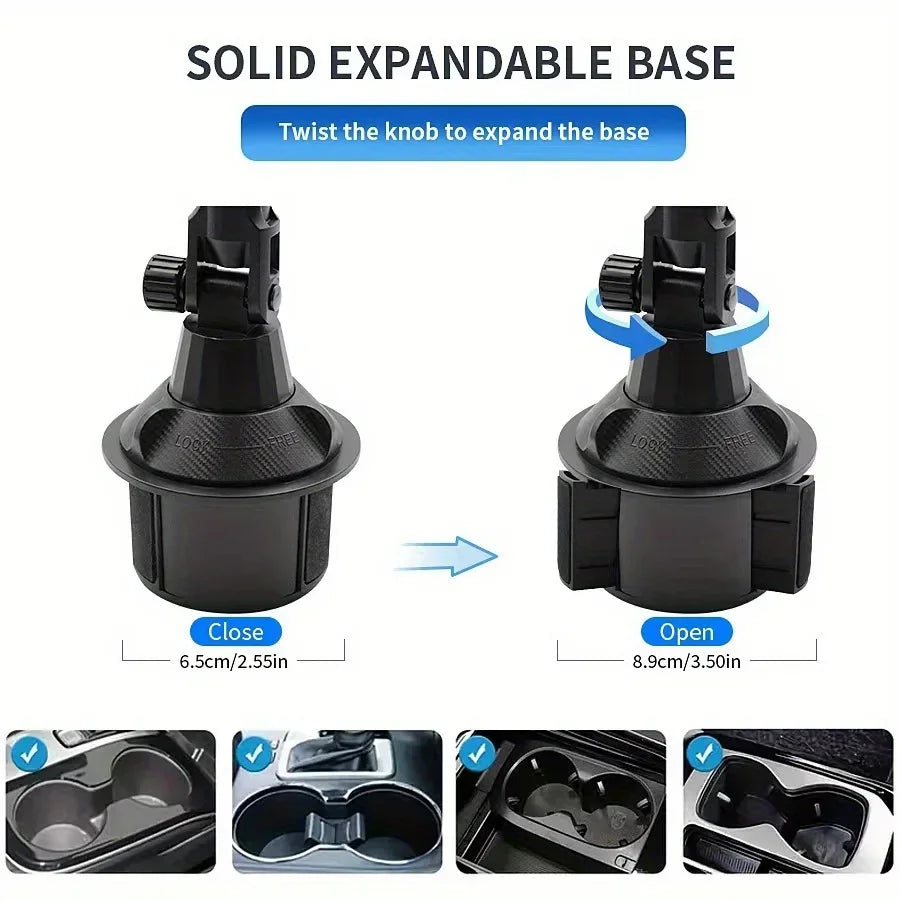 Black solid expandable base universal car mount for phones and tablets with a 360 degree rotating long arm