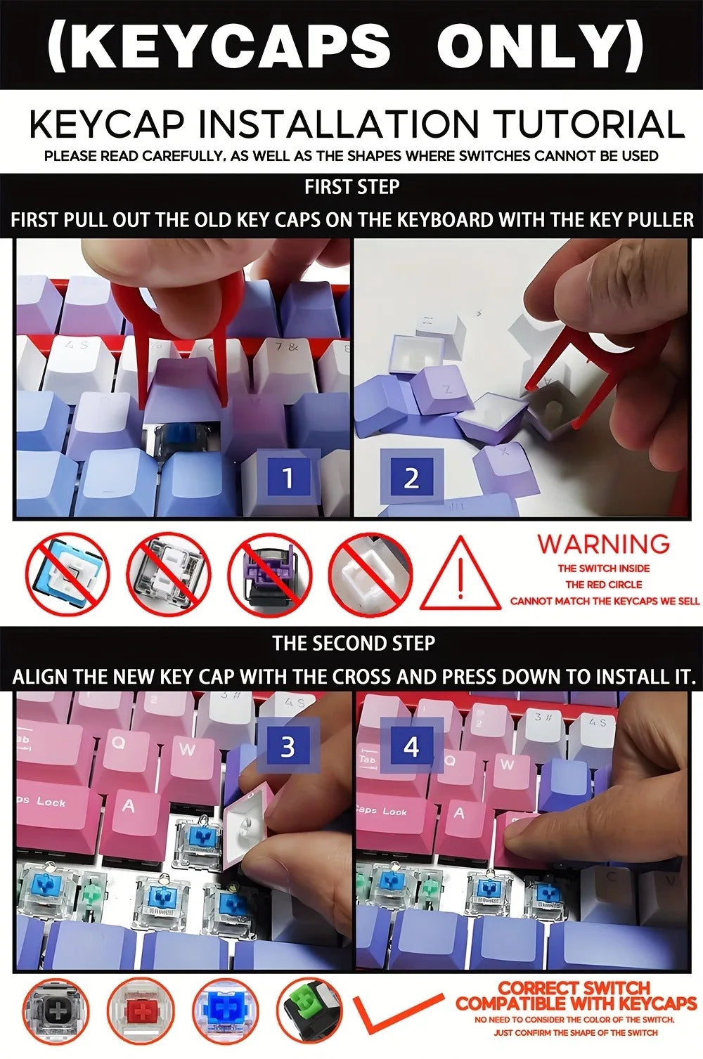 Keycap installation tutorial showing steps to install new keycaps on a keyboard