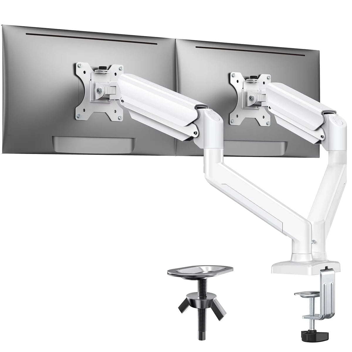A white ergonomic dual monitor mount with full motion adjustment mechanism and a small stand.