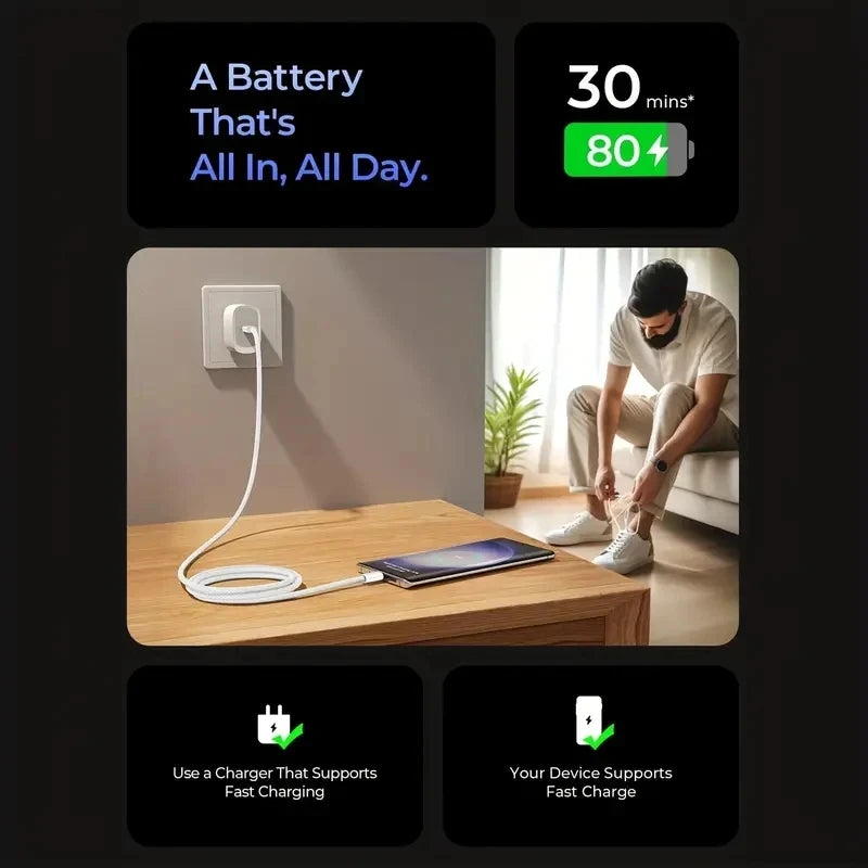 A white USB-C cable is shown next to a smartphone, illustrating fast charging capability.