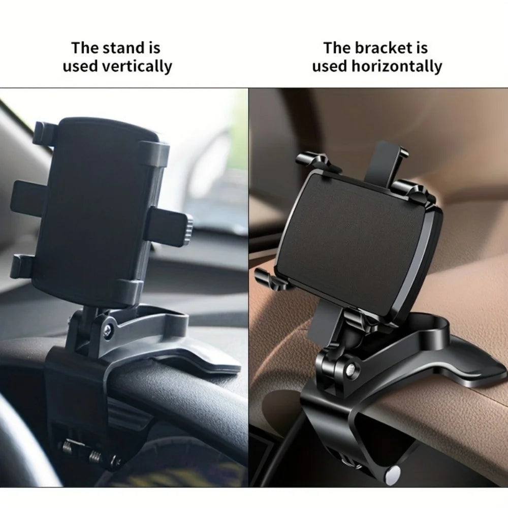 A black universal car phone mount shown in two configurations: vertical and horizontal use.
