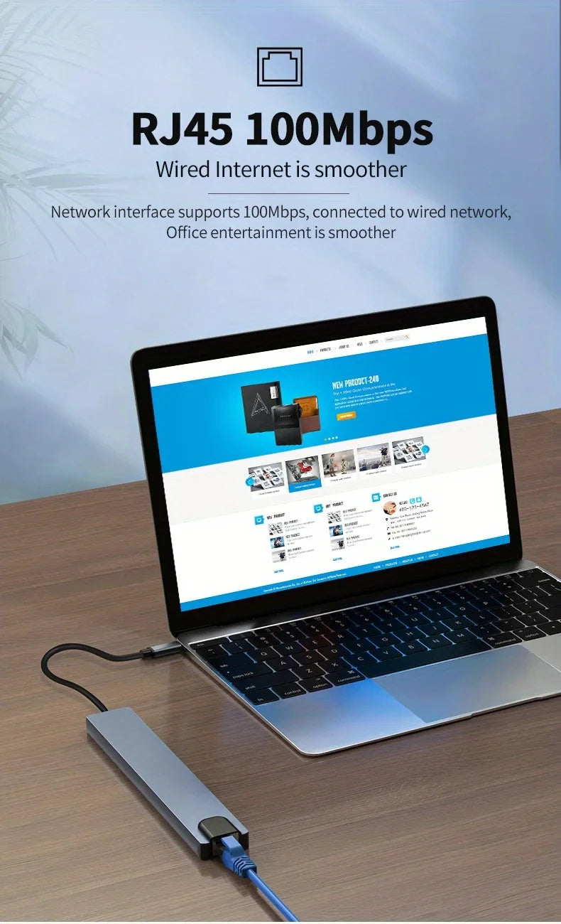 A laptop is connected to an RJ45 100Mbps wired internet device, demonstrating smoother office entertainment.
