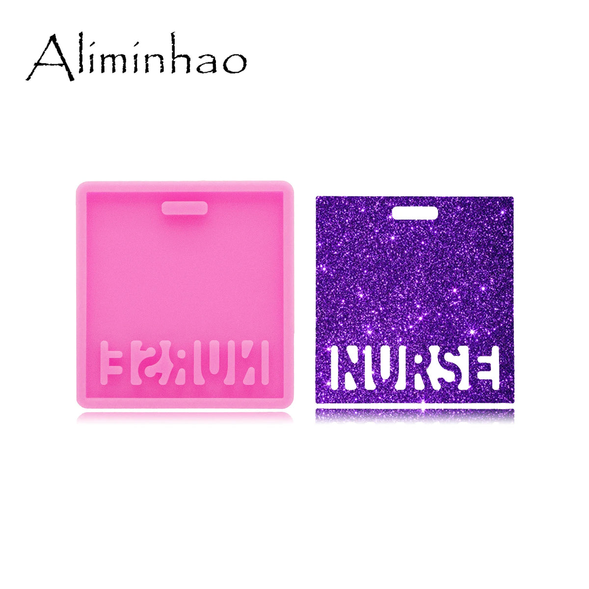Pink silicone resin mold with a small indentation next to a purple glitter mold shaped like the word NURSE