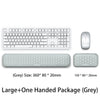 A large+one handed package of grey ergonomic keyboard and mouse with wrist rest pads.