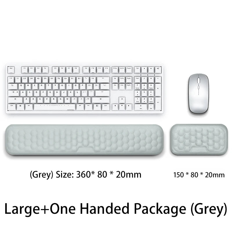 A large+one handed package of grey ergonomic keyboard and mouse with wrist rest pads.