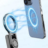 A magnetic selfie stick tripod is shown installing onto a smartphone, demonstrating a one-second installation method.