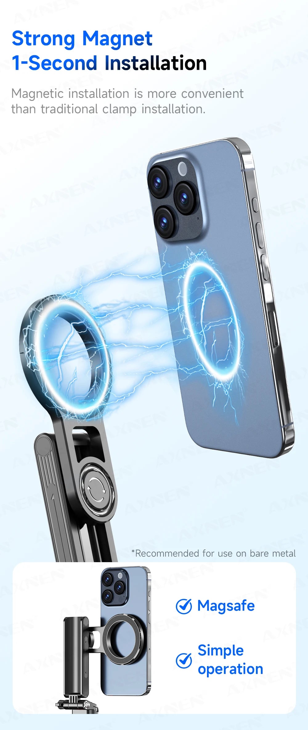 A magnetic selfie stick tripod is shown installing onto a smartphone, demonstrating a one-second installation method.