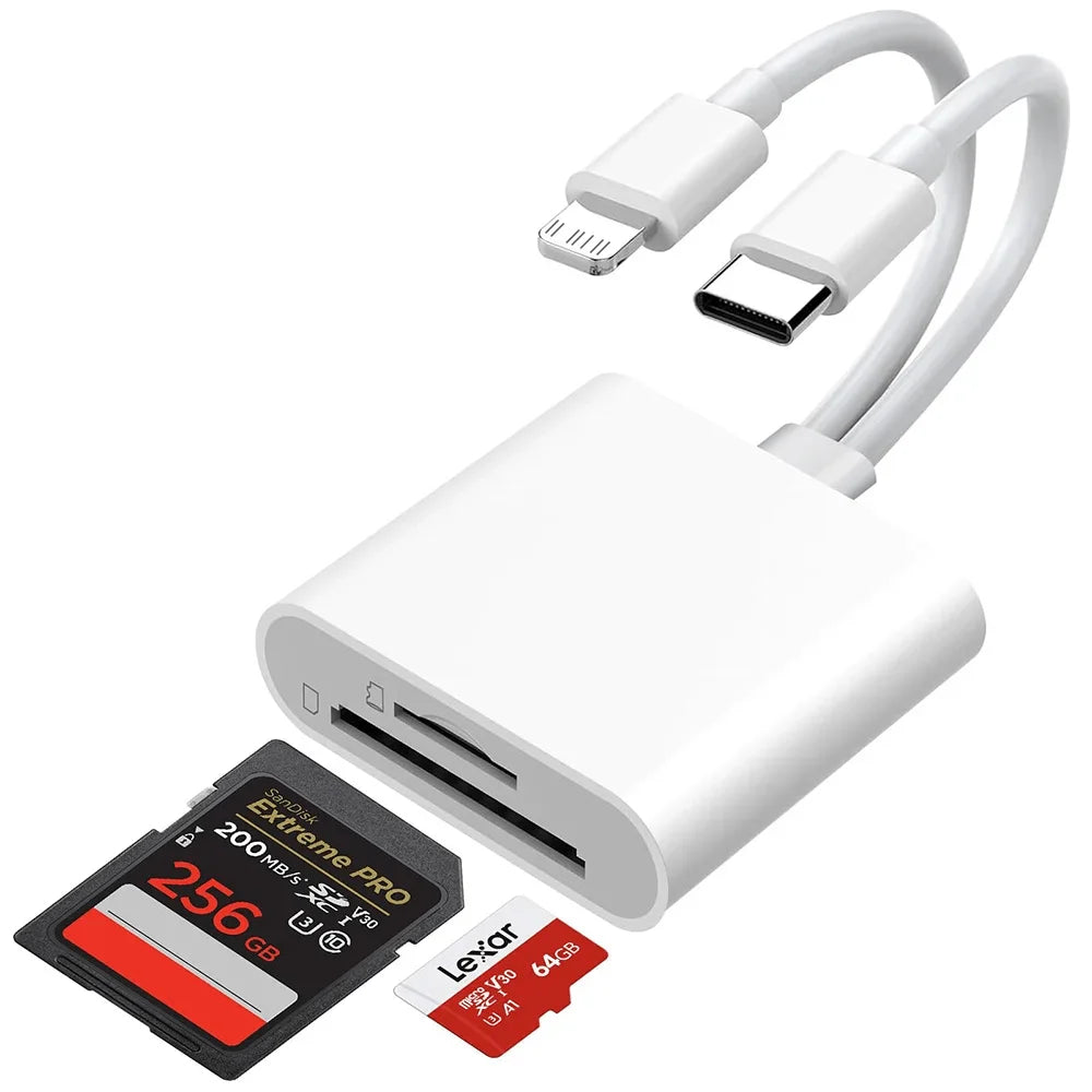 A white 2-in-1 USB Lightning to SD/TF card reader with a detachable cable and a memory card.