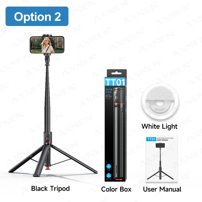 Black tripod selfie stick and color box with user manual for a selfie camera