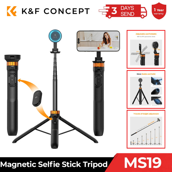 Magnetic selfie stick tripod shown with a camera mount and wireless remote, highlighting its features.