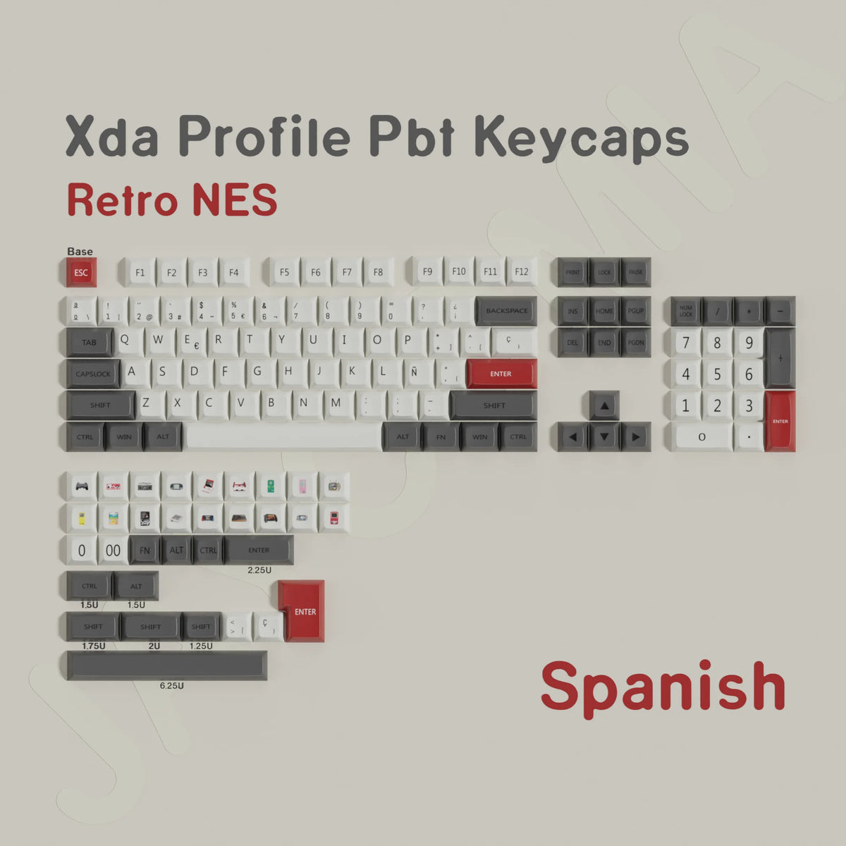 A set of Xda Profile Pbt keycaps designed for a Retro NES style mechanical keyboard.