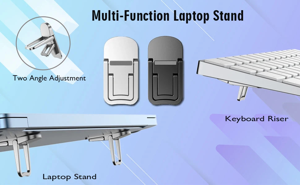 A multi-function laptop stand featuring two angle adjustments and a keyboard riser for improved viewing.