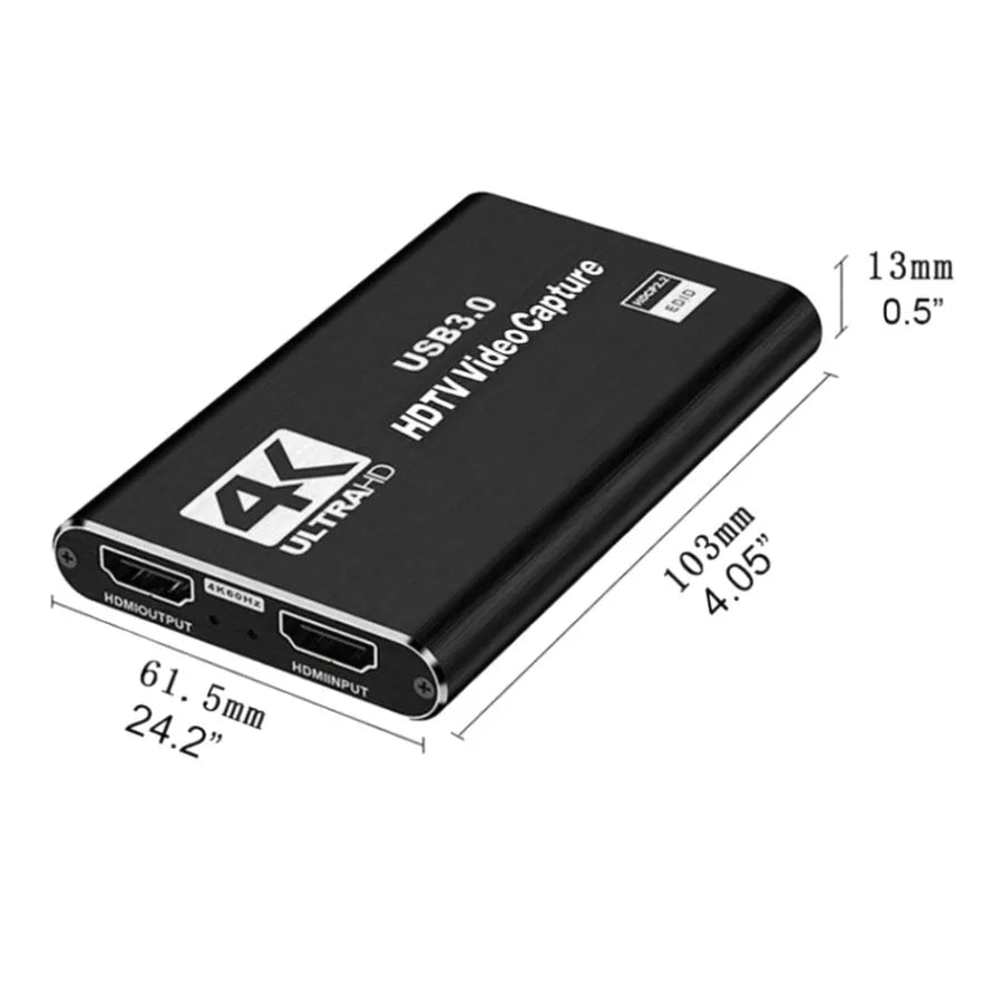 بطاقة التقاط فيديو HDMI إلى USB 3.0 سوداء بدقة 4K، بسمك 13 ملم و 0.5 بوصة.