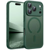 A dark green magnetic wireless charging lens protector case for an iPhone, showing the back and camera module.