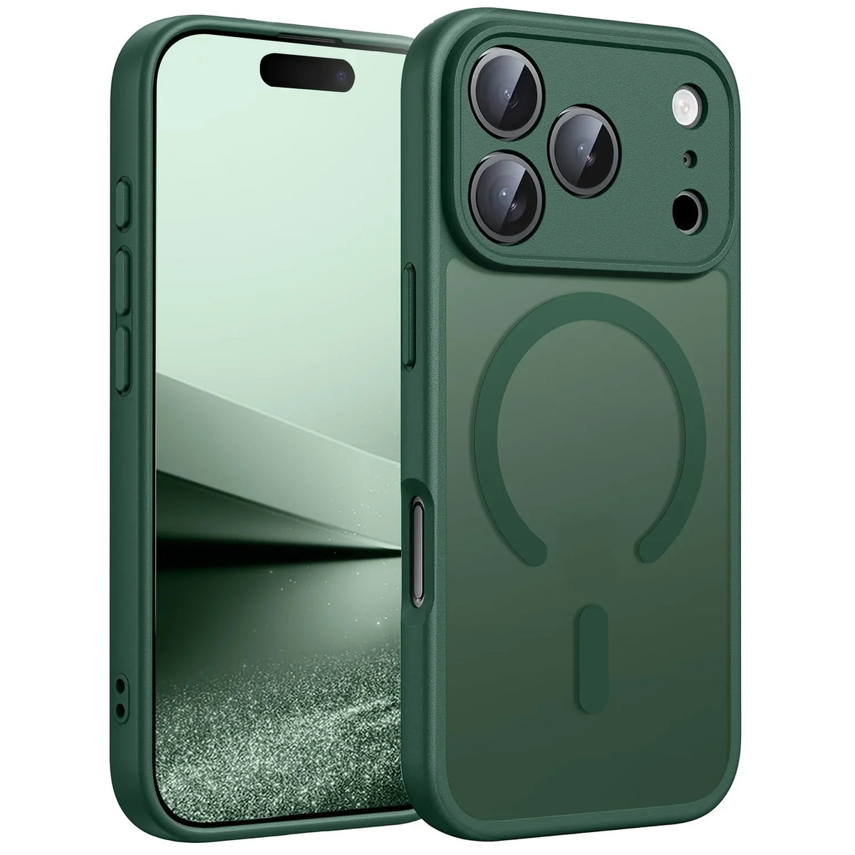 A dark green magnetic wireless charging lens protector case for an iPhone, showing the back and camera module.