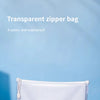 A white mesh zipper bag is shown against a light blue background.
