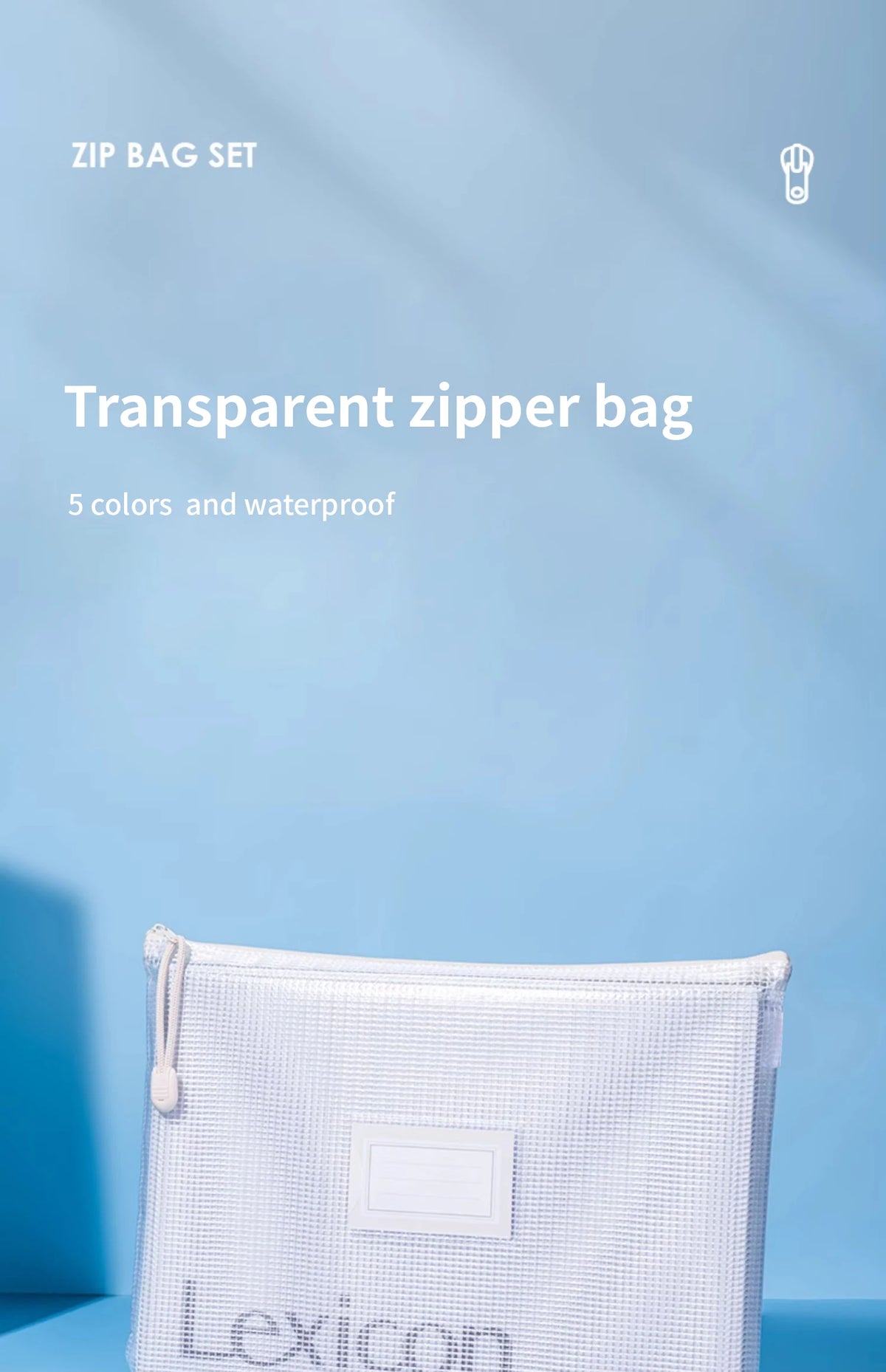 A white mesh zipper bag is shown against a light blue background.