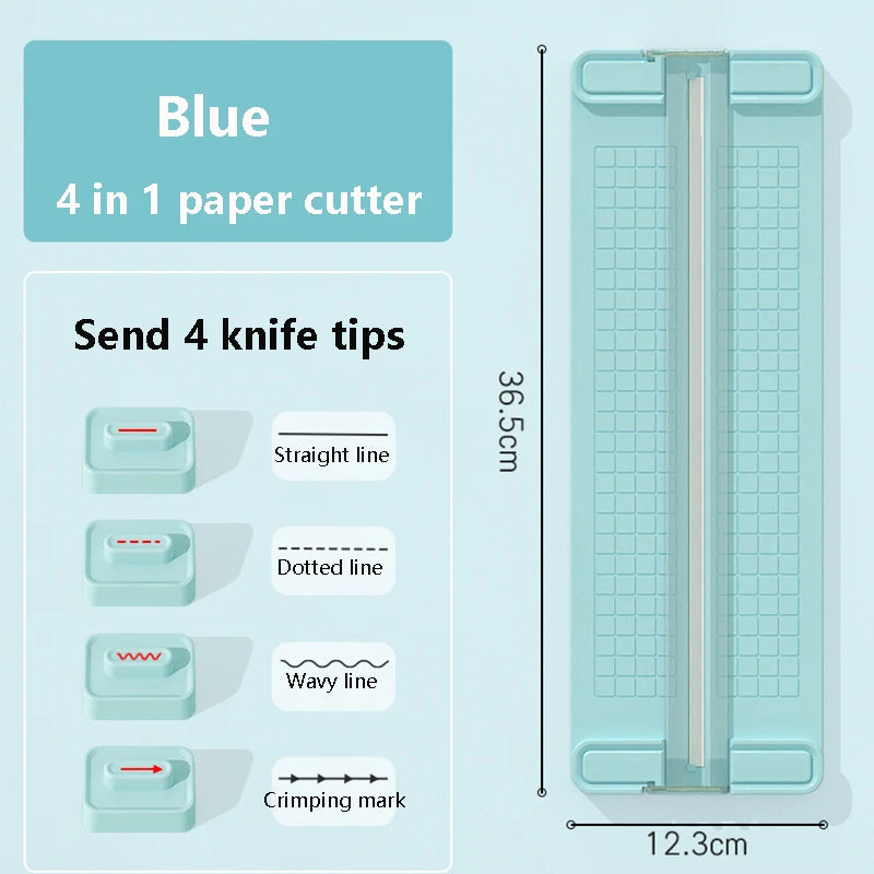 Blue 4 in 1 paper cutter with interchangeable knife tips for various lines and marks