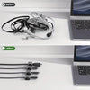 Before and after comparison showing magnetic cable management clips for organizing wires on a desk.