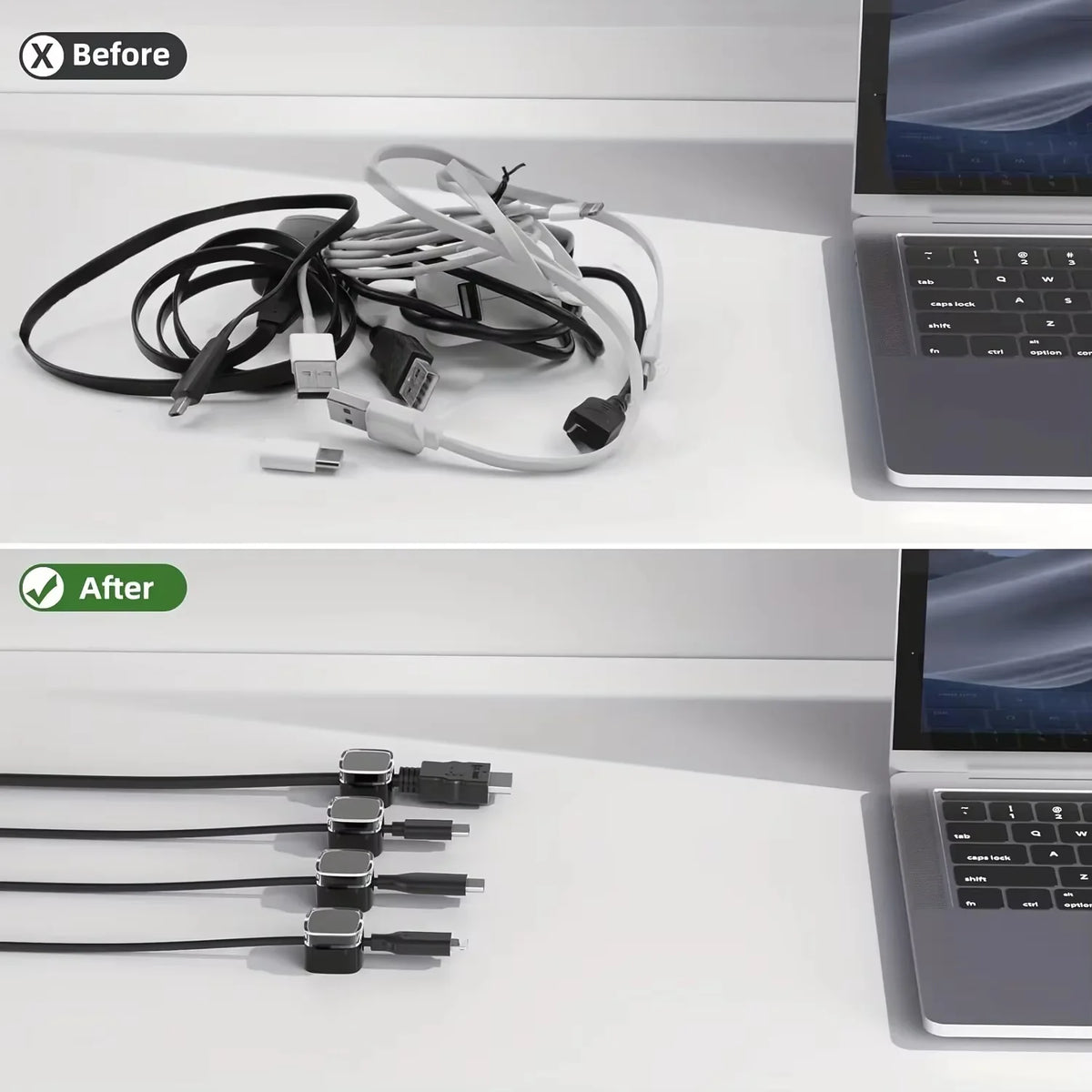 Before and after comparison showing magnetic cable management clips for organizing wires on a desk.