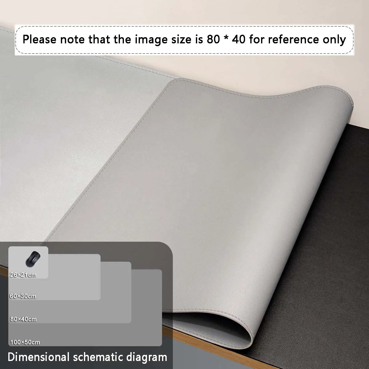 Gerollte Premium-PU-Leder-Deskmatte in Hellgrau, zeigt verschiedene Maße zur Referenz.