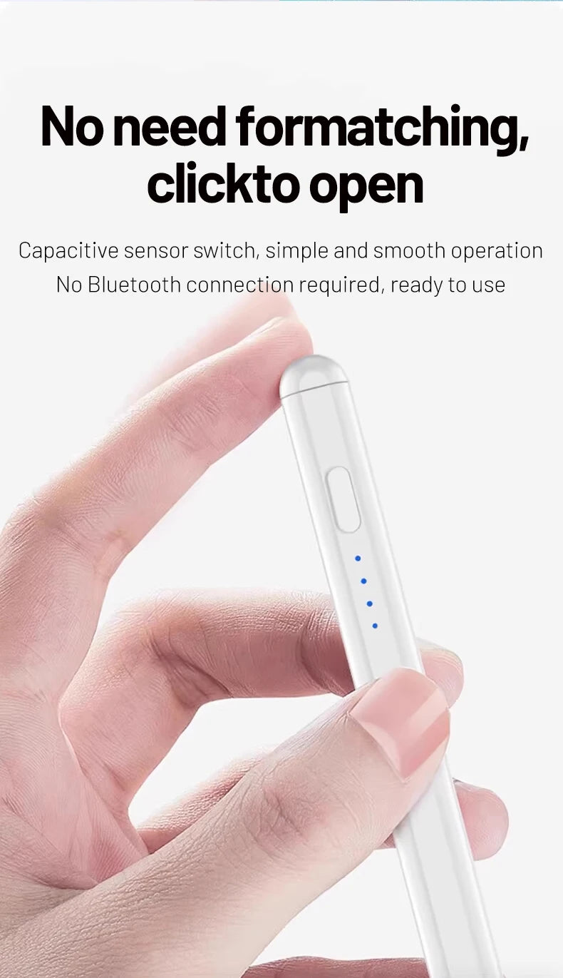 A hand is holding a white capacitive stylus pen, demonstrating its smooth operation.