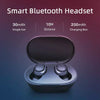 Dunkelgraues Bluetooth-Headset mit zwei Ohrhörern in einer offenen Ladebox vor einem Farbverlauf.