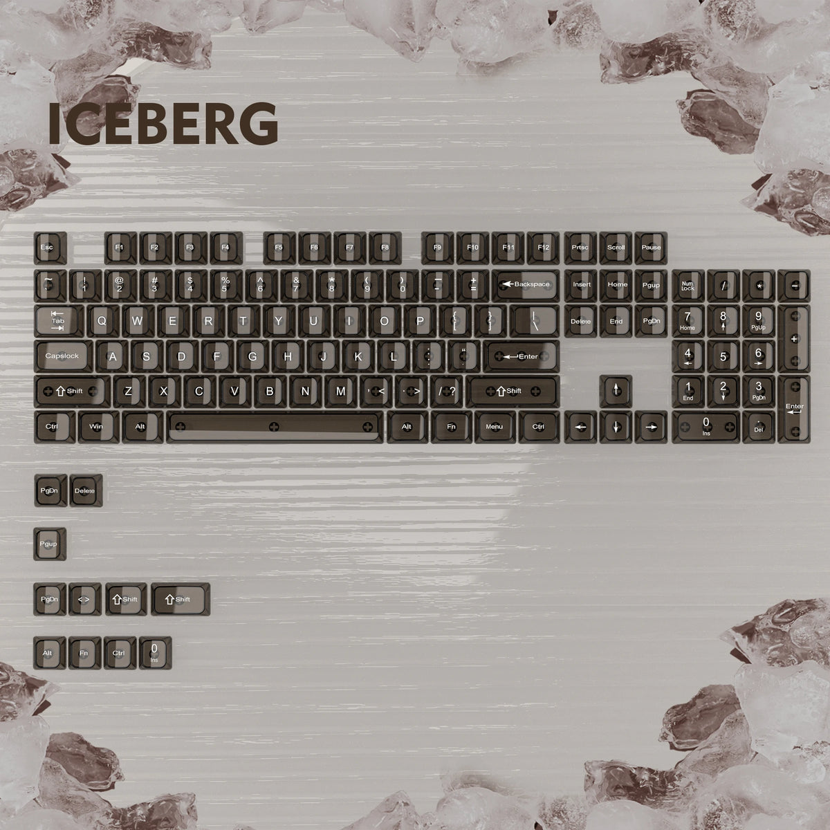 A close-up view of a mechanical keyboard with light gray keycaps and an iceberg graphic background.