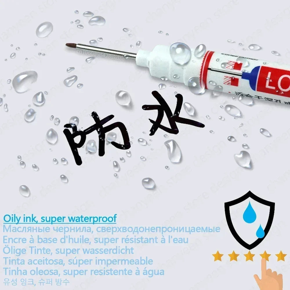 A precision waterproof marking pen with black ink is shown surrounded by water droplets.