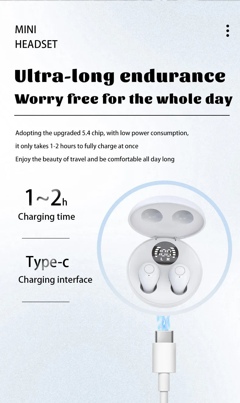Auriculares tipo diadema mini blancos con interfaz de carga USB-C y auriculares.