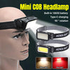 A mini COB headlamp is shown being worn on a model's forehead, with close-ups of the device and its light output.