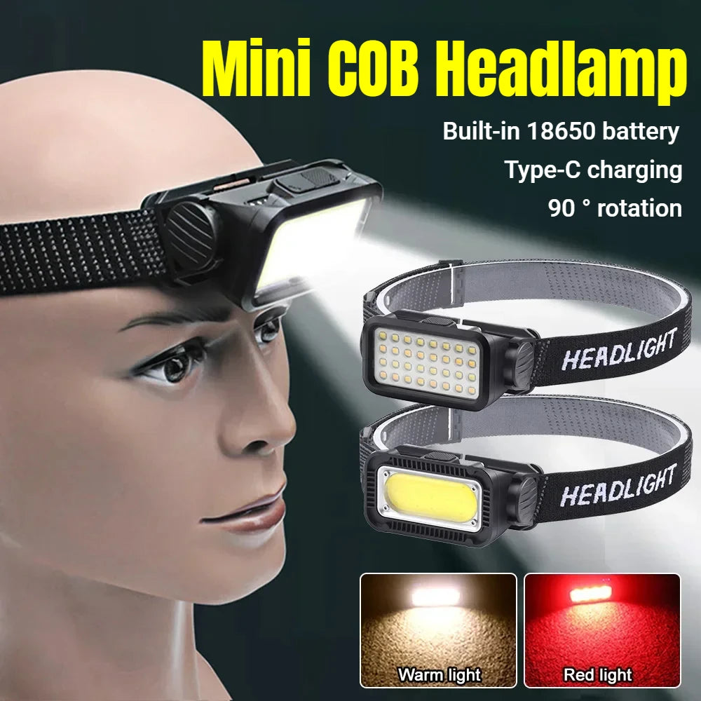A mini COB headlamp is shown being worn on a model's forehead, with close-ups of the device and its light output.