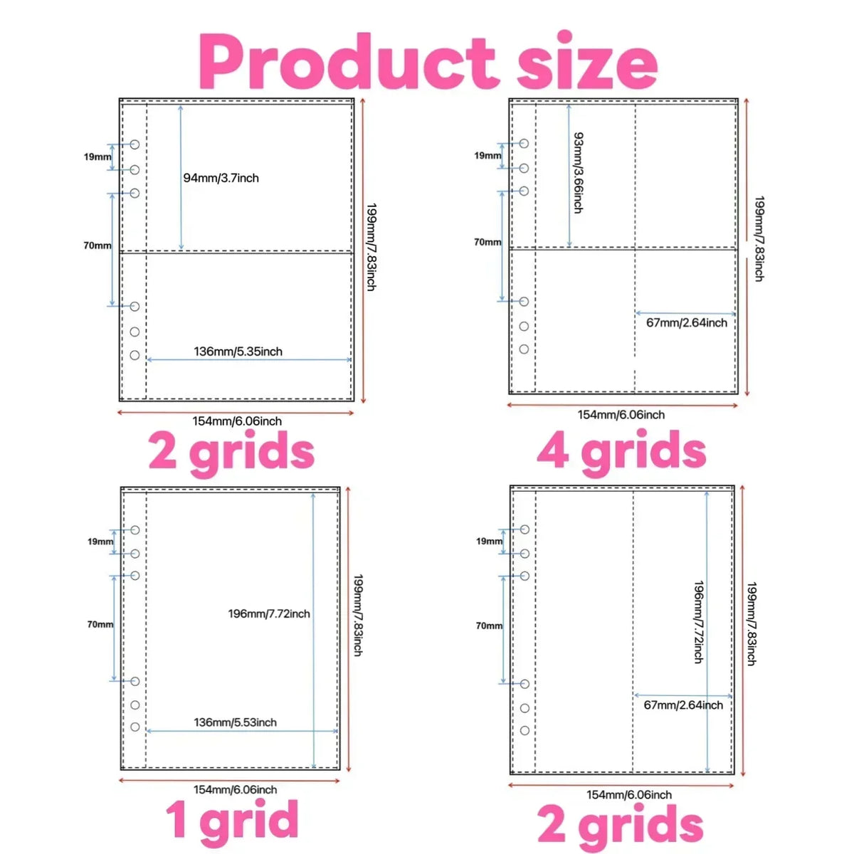 Diagrams showing different grid sizes for product packaging including 1, 2, and 4 grids.