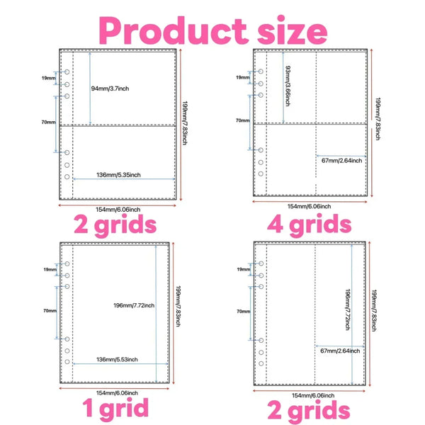 Diagrams showing different grid sizes for product packaging including 1, 2, and 4 grids.