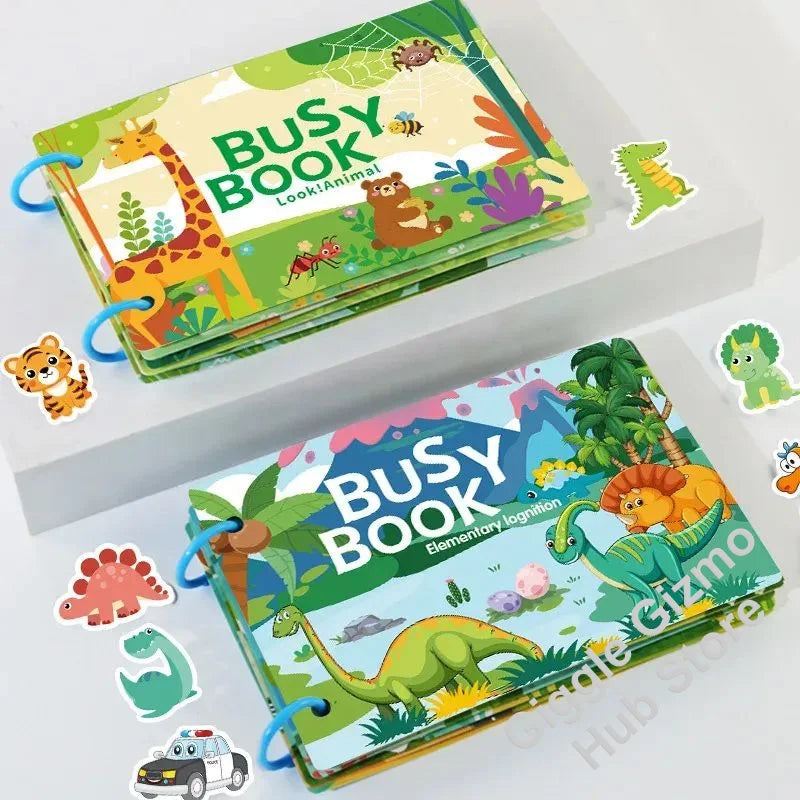 A colorful busy book with animal stickers and illustrations for toddlers.