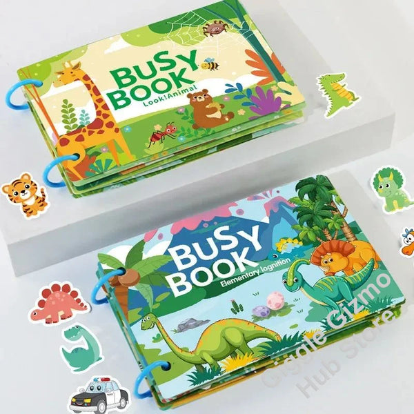 Buntes, vielseitiges Buch mit Tierstickern und Illustrationen für Kleinkinder.