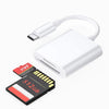 قارئ بطاقة ذاكرة USB-C إلى SD/TF أبيض مع كابل قابل للفصل وبطاقة 512 جيجابايت.