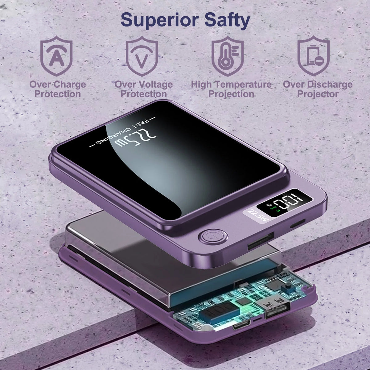A purple magnetic wireless power bank with a digital display showing 22.5W fast charging and safety features.