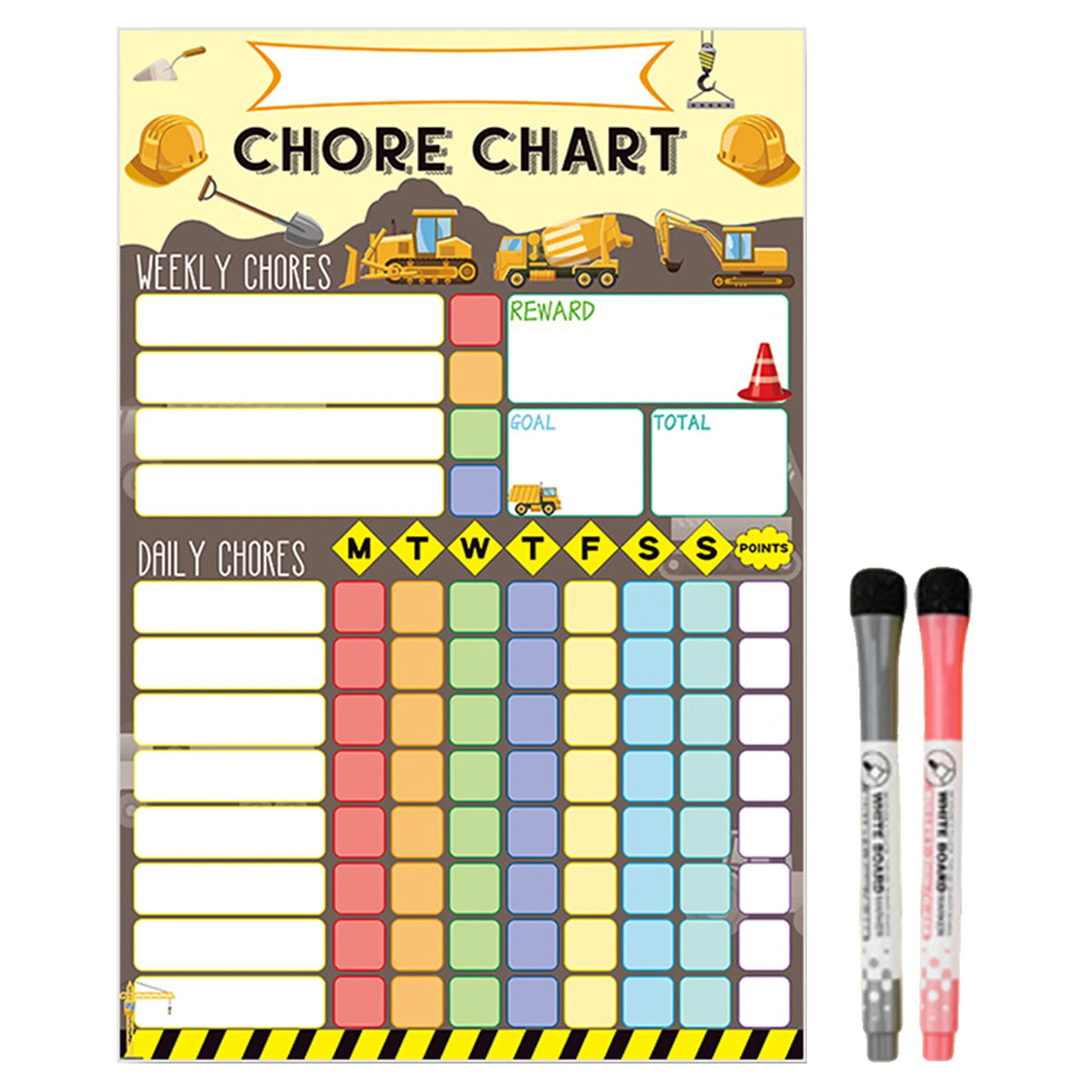 A magnetic weekly chore chart for kids with sections for daily chores and rewards.